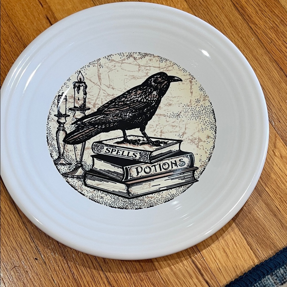 Fiesta Ware luncheon White Plate with Raven and Books Design